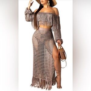 Brown Crochet 2-Piece Swimsuit Cover-Up Set – Size Large